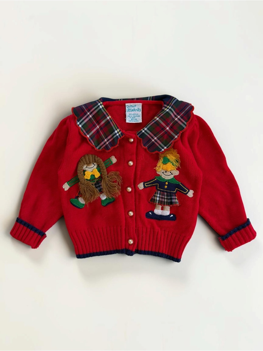 VINTAGE QUILTEX LITTLEKNITS EUC Red Tartan Plaid Peter Pan Collar Cardigan